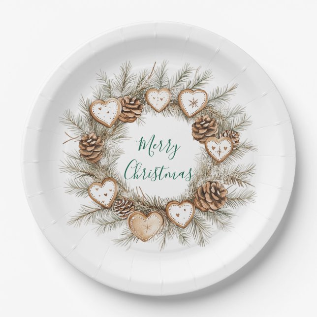 Gingerbread Hearts Pine Cones Wreath Christmas Paper Plates (Front)