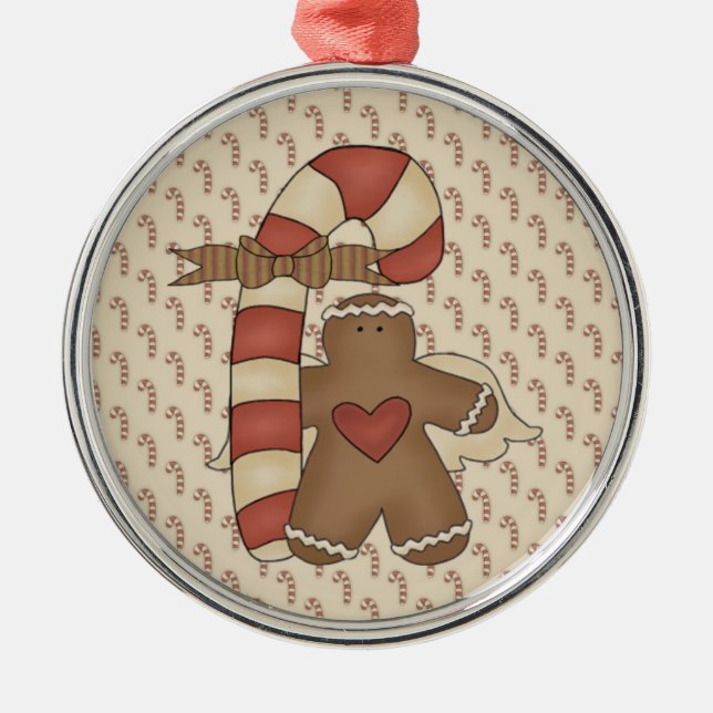 Gingerbread Holding Giant Candy Cane Metal Ornament (Front)