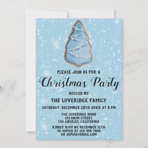 Gingerbread Holiday Christmas Party Blue Tree Snow Invitation