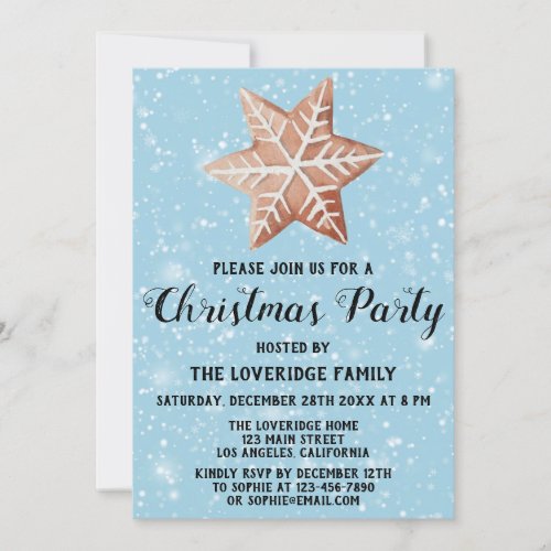 Gingerbread Holiday Christmas Party Star Blue Snow Invitation