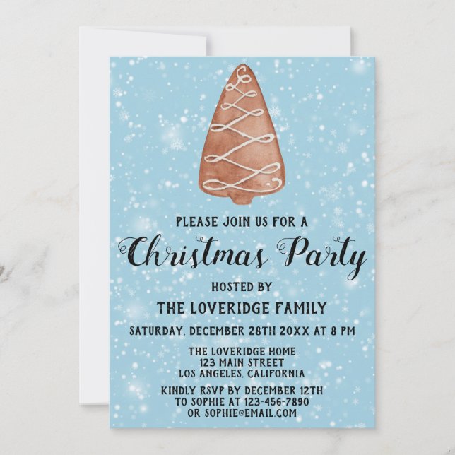 Gingerbread Holiday Christmas Party Tree Blue Snow Invitation (Front)