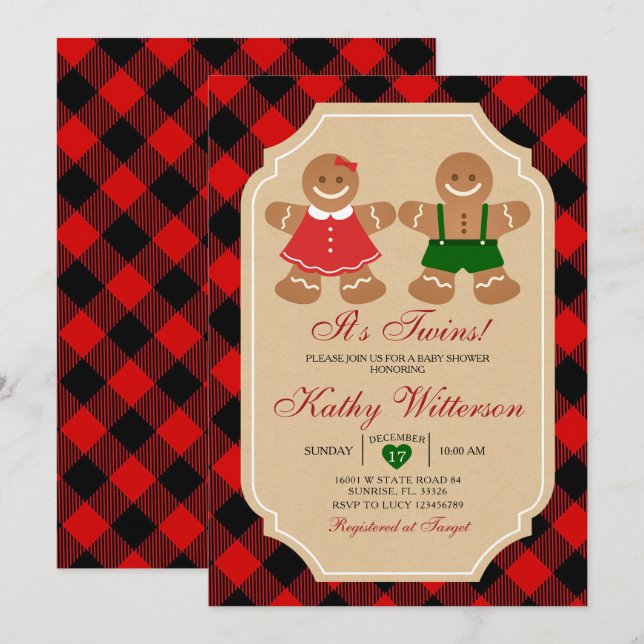 Gingerbread Holiday It's Twins Baby Shower Invitation (Front/Back)