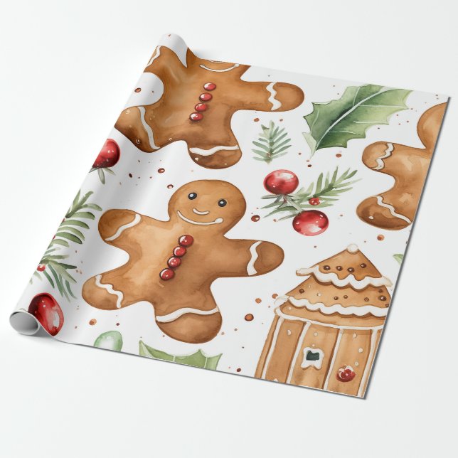 Gingerbread Holiday Pattern Wrapping Paper (Unrolled)