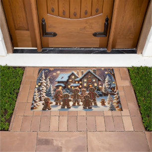 Gingerbread house and cute gingerbread family doormat