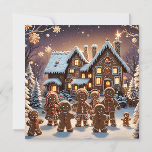 Gingerbread house and cute gingerbread family holiday card
