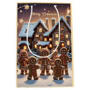 Gingerbread house and cute gingerbread family  medium gift bag