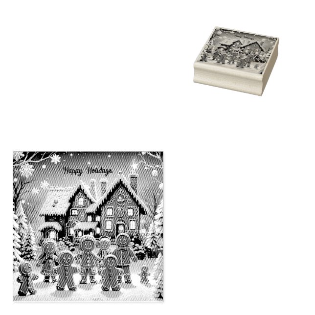Gingerbread house and cute gingerbread family  rubber stamp (Stamped)