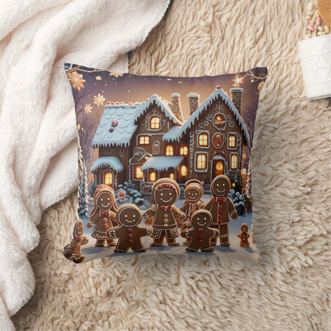 Gingerbread house and cute gingerbread family  throw pillow (Blanket)