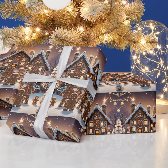 Gingerbread house and cute gingerbread family  wrapping paper (Holidays)