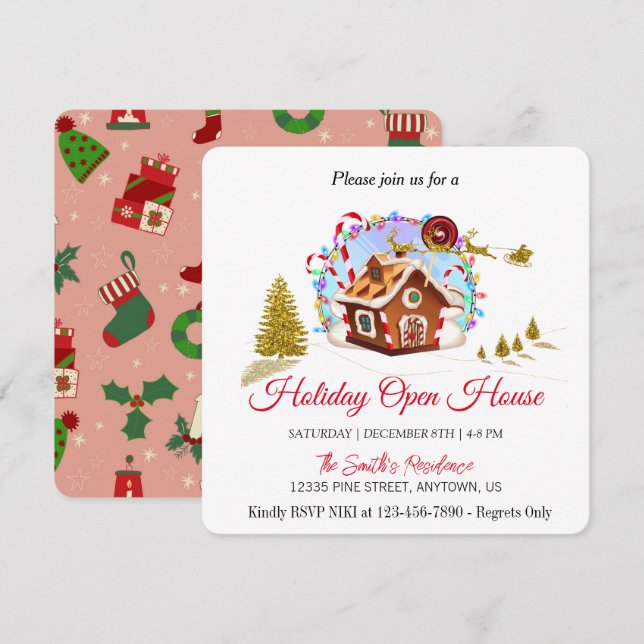 Gingerbread House and Golden Santa Claus Holiday Card (Front/Back)