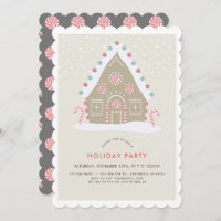 Gingerbread House Beige & Gray Holiday Party Invitation