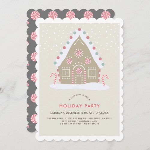 Gingerbread House Beige  Gray Holiday Party Invitation
