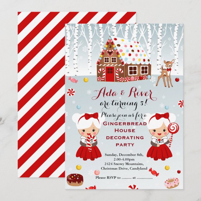 Gingerbread House Birthday Party twins Invitation (Front/Back)
