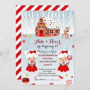 Gingerbread House Birthday Party twins Invitation