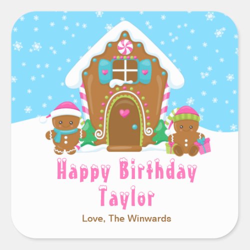 Gingerbread House Blue and Pink Happy Birthday Square Sticker