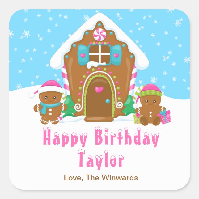 Gingerbread House Blue and Pink Happy Birthday Square Sticker (Front)