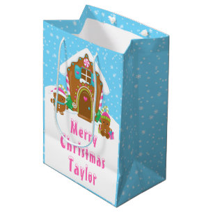 Gingerbread House Blue and Pink Merry Christmas Medium Gift Bag