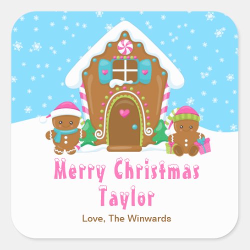 Gingerbread House Blue and Pink Merry Christmas Square Sticker