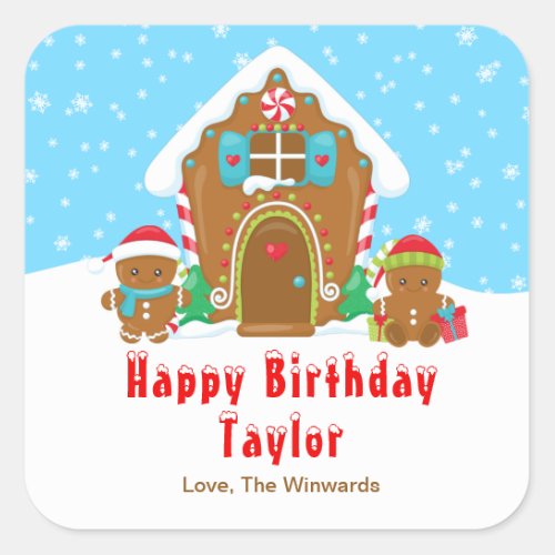 Gingerbread House Blue and Red Happy Birthday Square Sticker