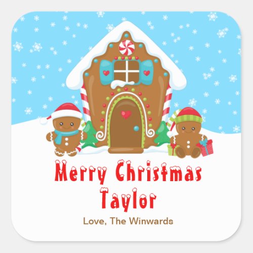 Gingerbread House Blue and Red Merry Christmas Square Sticker