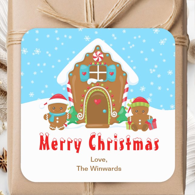 Gingerbread House Blue and Red Merry Christmas Square Sticker (Creator Uploaded)