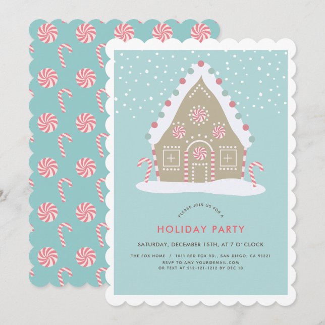 Gingerbread House Blue Holiday Party Invitation (Front/Back)