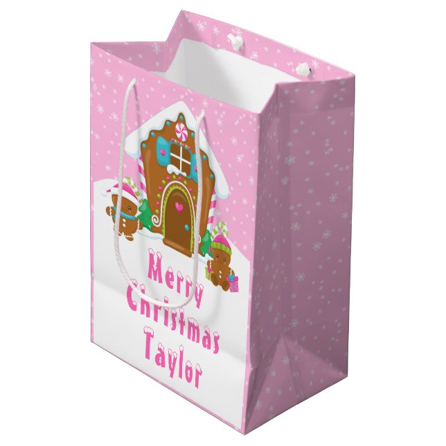 Gingerbread House Bright Pink Merry Christmas Medium Gift Bag (Front Angled)