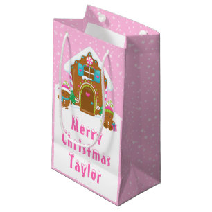 Gingerbread House Bright Pink Merry Christmas Small Gift Bag
