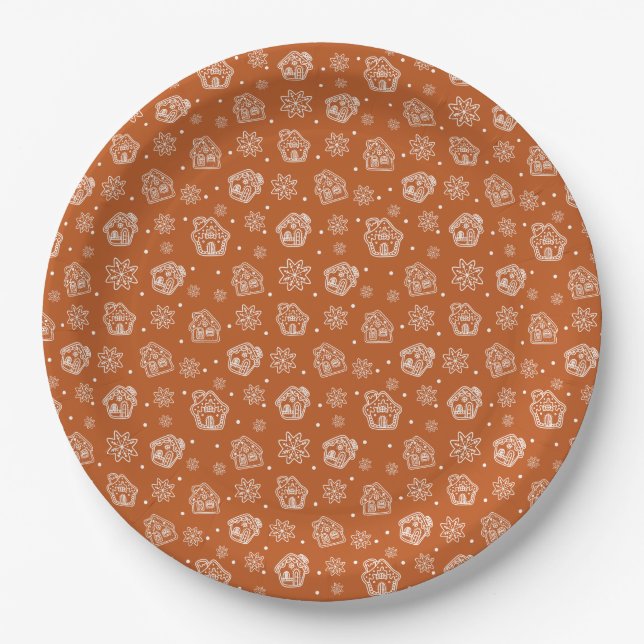 Gingerbread House Brown Patern  Paper Plates (Front)