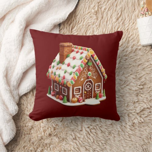 Gingerbread House Burgundy Red Christmas Holiday Throw Pillow