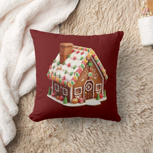 Gingerbread House Burgundy Red Christmas Holiday Throw Pillow (Blanket)