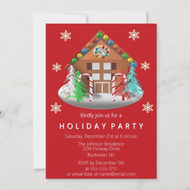 Gingerbread House Candy Cane Red Holiday Party Invitation (Front)