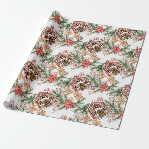 Gingerbread House Candy Cane Retro Christmas Gift Wrapping Paper