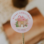 Gingerbread House Christmas  Classic Round Sticker<br><div class="desc">Merry Christmas Pink Gingerbread House Round Sticker is perfect for gift tags,  envelope seals,  and favor bags. Edit Text by clicking Personalize. Matching items in our store Cava party design.</div>