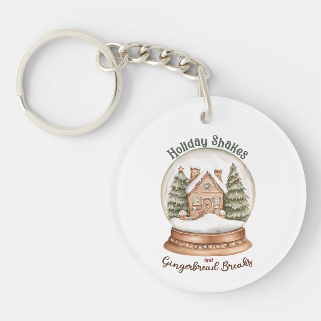 Gingerbread House Christmas Holiday Snow Globe Keychain (Front)