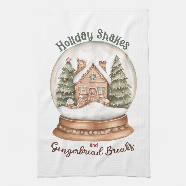 Gingerbread House Christmas Holiday Snow Globe Kitchen Towel (Vertical)