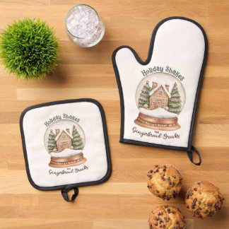 Gingerbread House Christmas Holiday Snow Globe Oven Mitt & Pot Holder Set