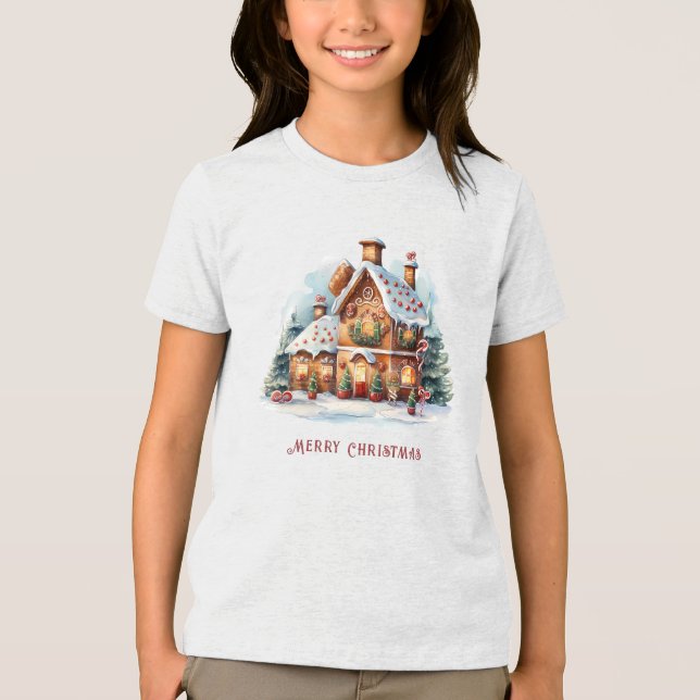 Gingerbread House Christmas Holiday Tri-Blend Shirt (Front)