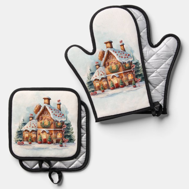 Gingerbread House Christmas Oven Mitt & Pot Holder Set (Front/Back)