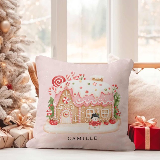 Gingerbread House Christmas Party Throw Pillow (Kids Christmas Personalized Decorative Pillow)