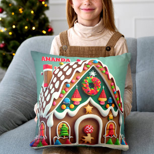 Gingerbread House Christmas Personalized Kids Throw Pillow