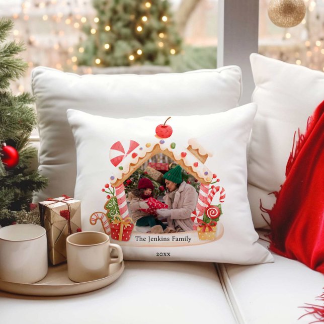 Gingerbread House Christmas Photo Throw Pillow (Creator Uploaded)