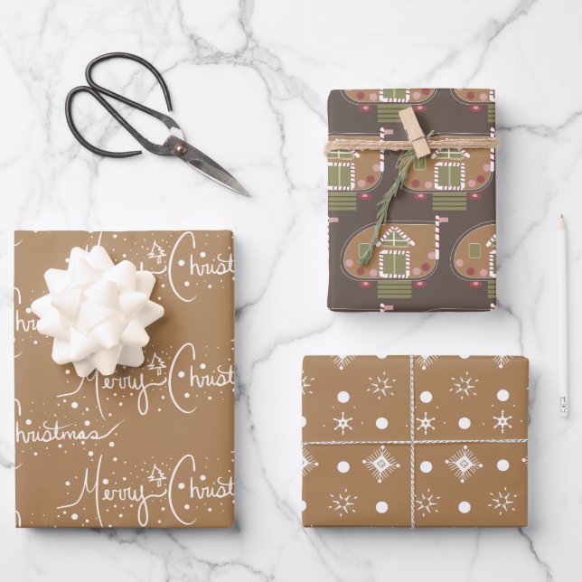 Gingerbread House  Christmas Snowflakes Brown Wrapping Paper Sheets (Front)
