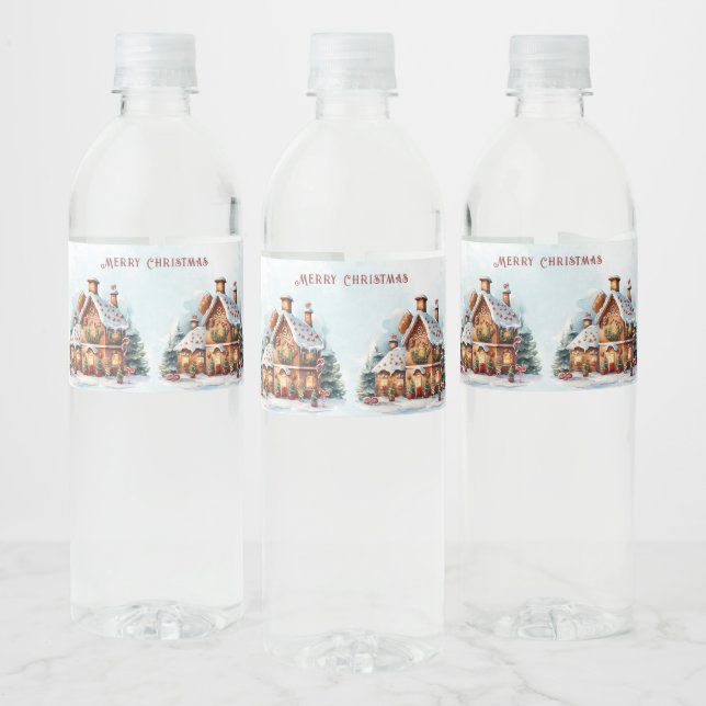 Gingerbread House Christmas Water Bottle Label (Bottles)