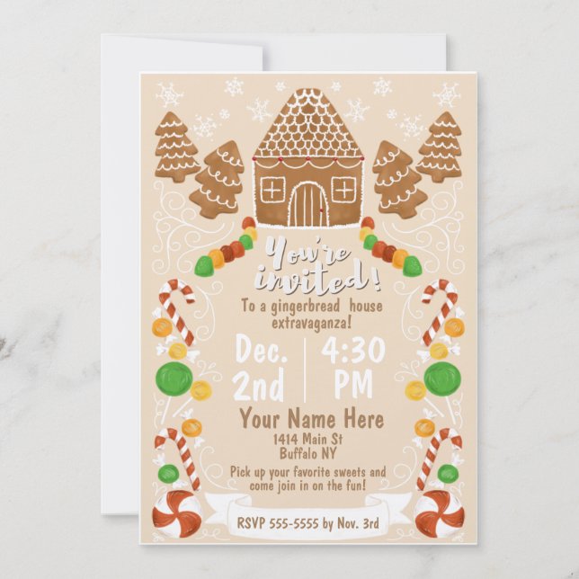 Gingerbread House Colorful Christmas Candy Invitation (Front)