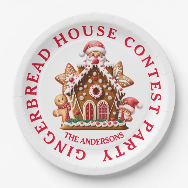 Gingerbread House Contest Party White & Red Paper Plates (Front)