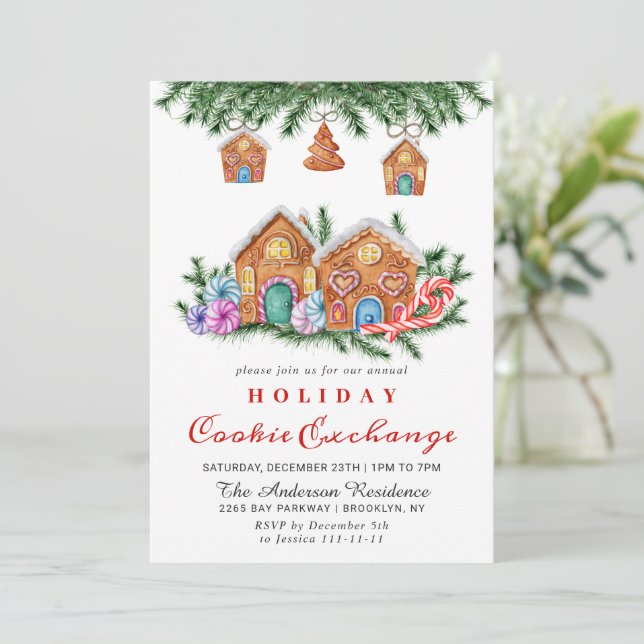 Gingerbread House Cookie Exchange Christmas Party Invitation (Standing Front)