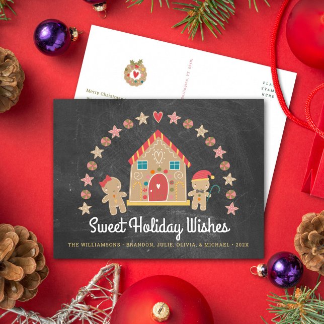 Gingerbread House Cookie Sweet Wishes Chalkboard Holiday Postcard (Choose from 3 colors!)