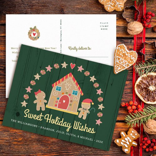 Gingerbread House Cookie Sweet Wishes Green Rustic Holiday Postcard