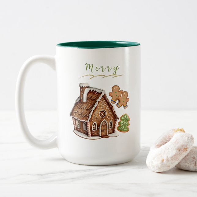 Gingerbread House, Cookies Personalized Christmas  Two-Tone Coffee Mug (With Donut)